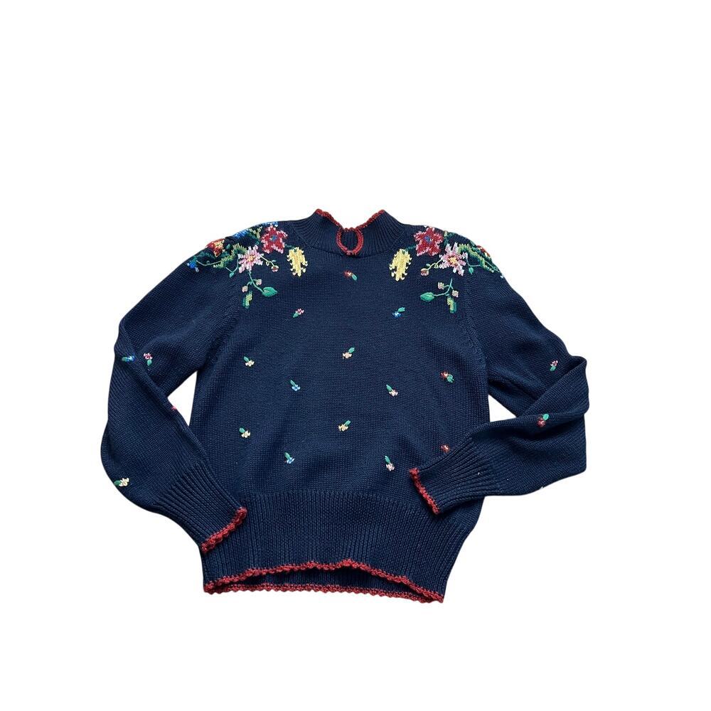 Vintage Herman Geist Sweater Hand Floral Embroidered Wool Navy Blue Size Large